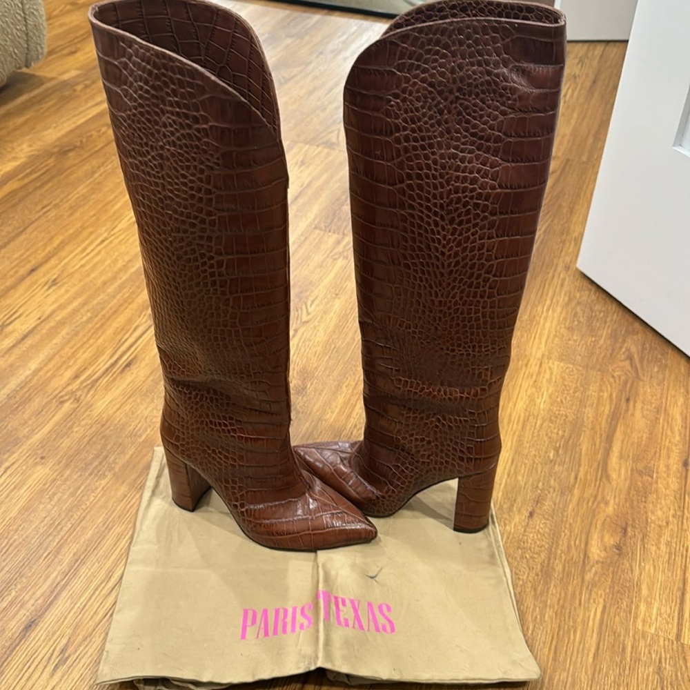 Paris Texas Knee High Croc-Embossed Leather Boots in Cognac size 36